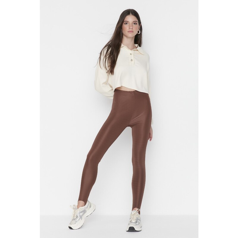 Trendyol Brown Heel Snap-On Shiny Knitted Leggings