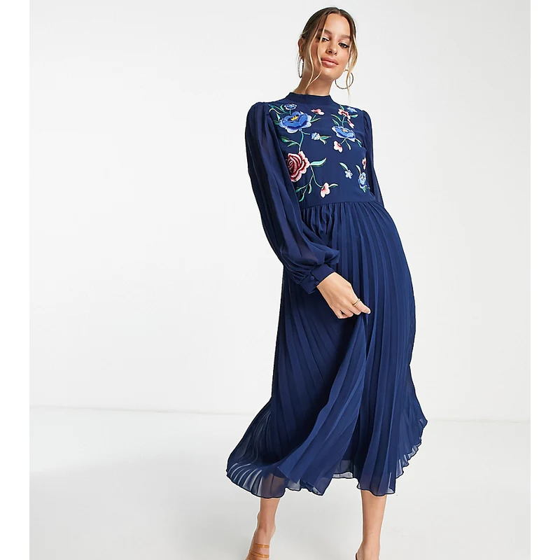ASOS Tall ASOS DESIGN Tall high neck pleated long sleeve skater midi dress  with embroidery in navy - GLAMI.cz