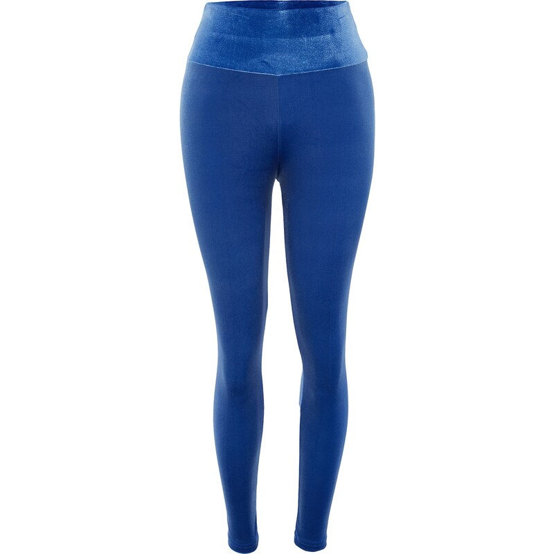 Sametové pletené legíny Trendyol Blue Rise Waist