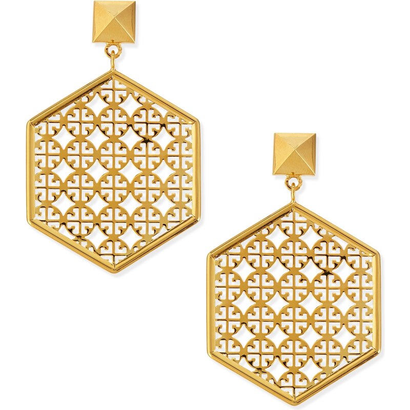 Tory Burch Golden Perforated Logo Hexagon Drop Earrings