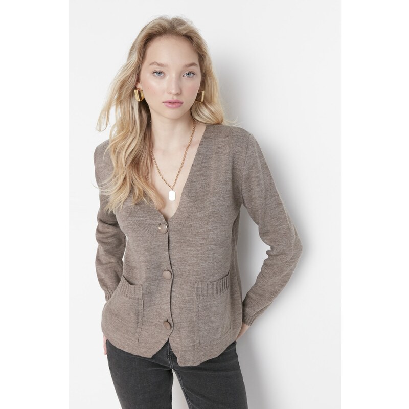 Trendyol Mink Padded Pocket Detailed Knitwear Cardigan