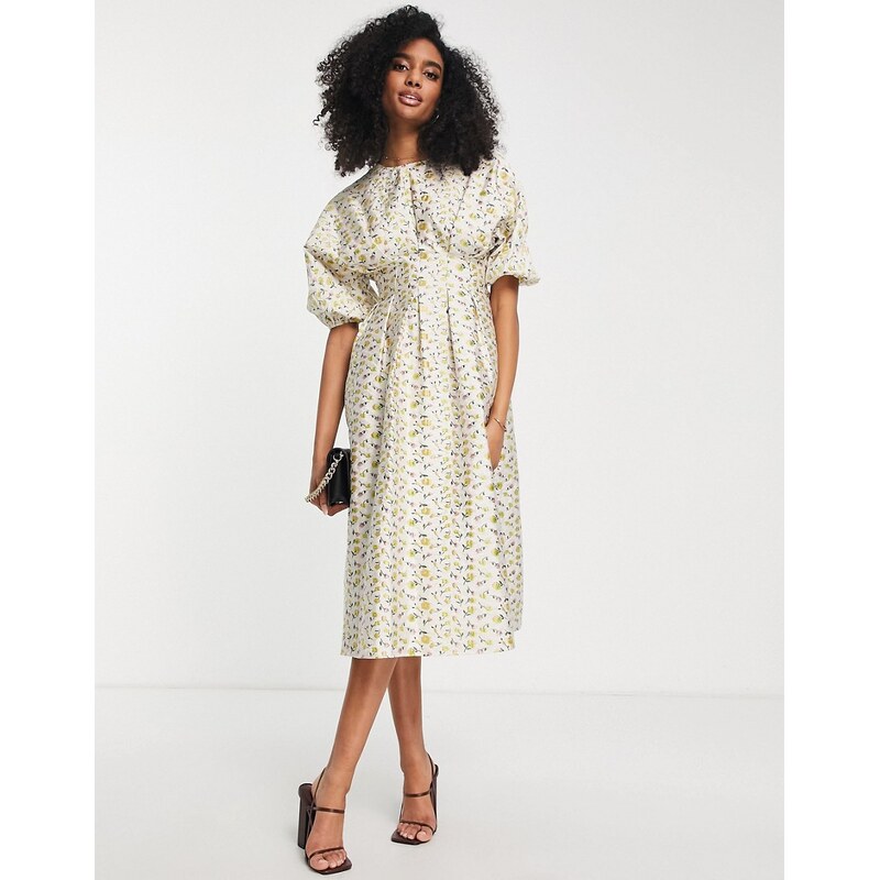 ASOS EDITION ditsy jacquard midi dress with pleat waist in multi-Pink 100035697