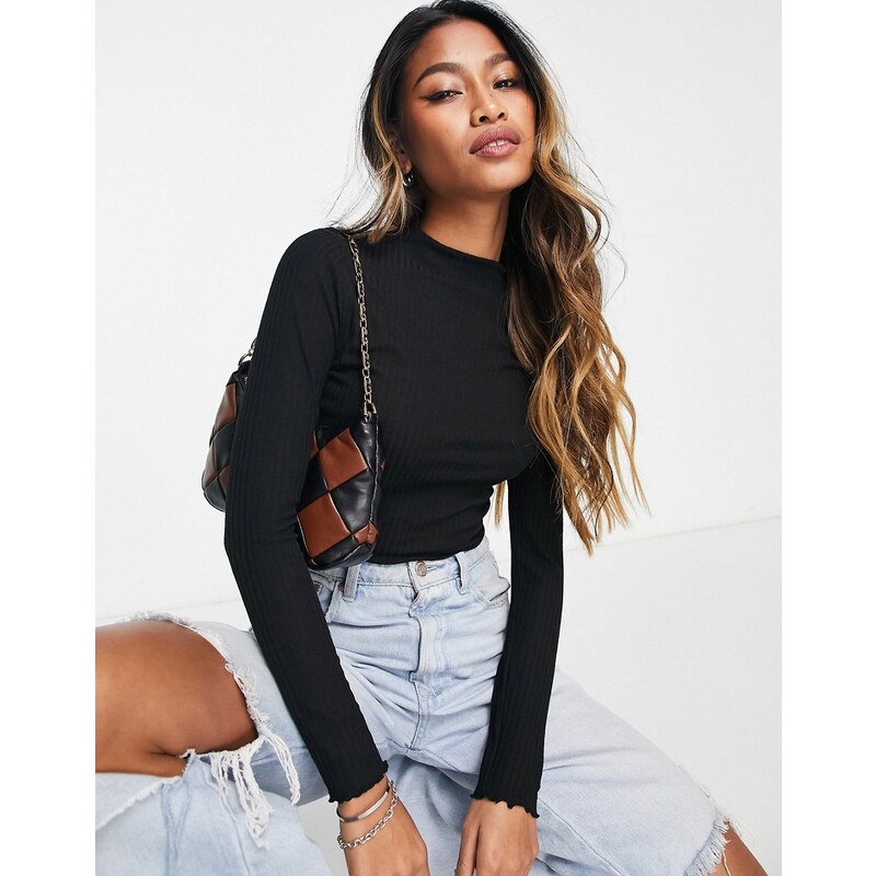 ONLY lettuce edge high neck ribbed top in black 89661801