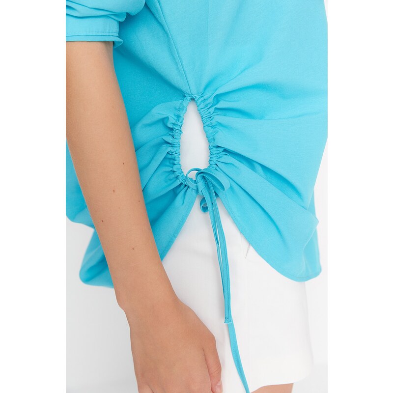 Trendyol Turquoise Pleated Woven Beach Shirt