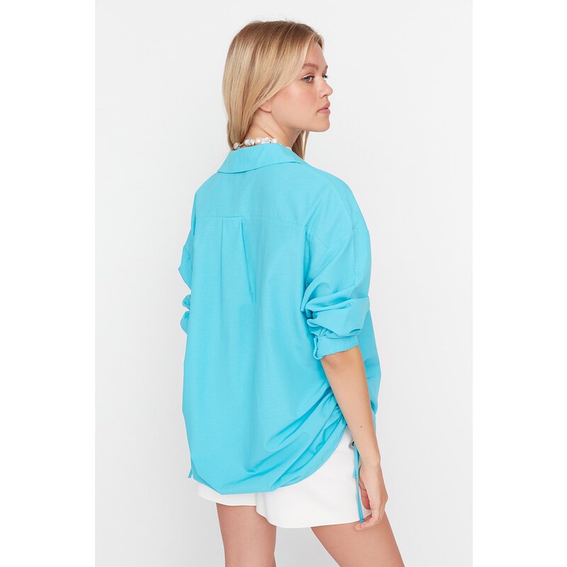 Trendyol Turquoise Pleated Woven Beach Shirt