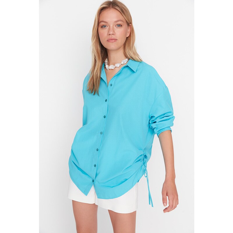 Trendyol Turquoise Pleated Woven Beach Shirt