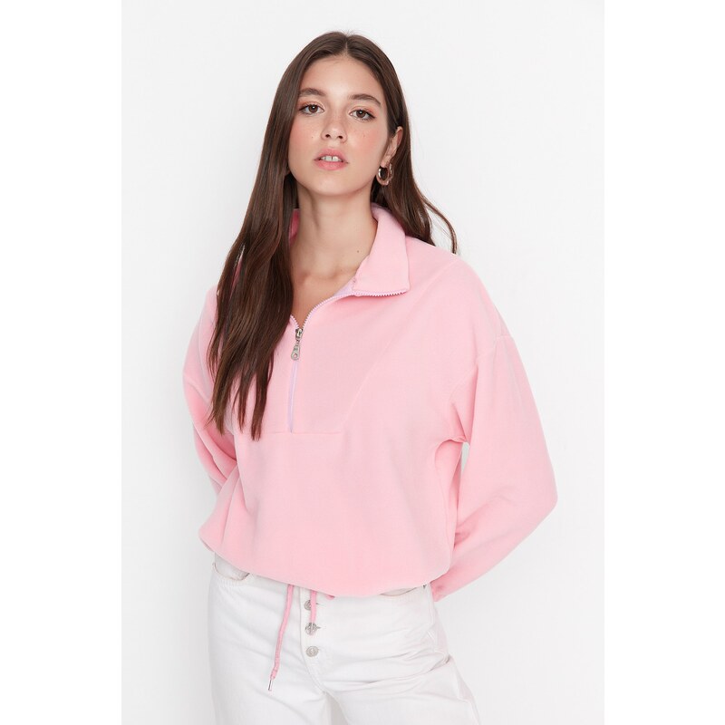 Trendyol Light Pink Zipper Detailed Fleece Knitted Sweatshirt