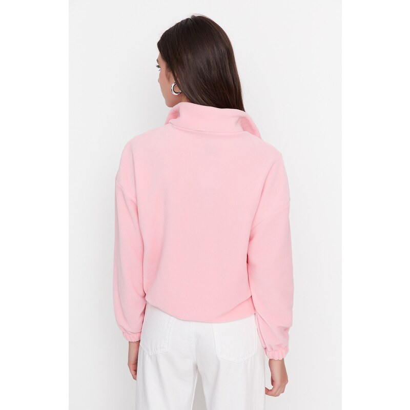 Trendyol Light Pink Zipper Detailed Fleece Knitted Sweatshirt