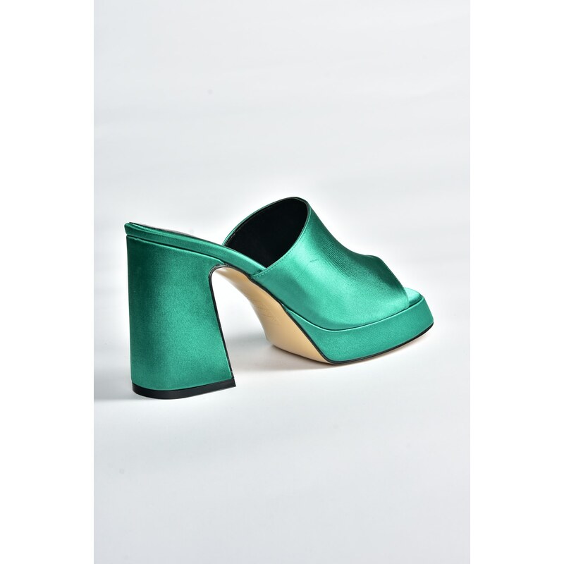 Fox Shoes Green Satin Women's Thick Heeled Slippers