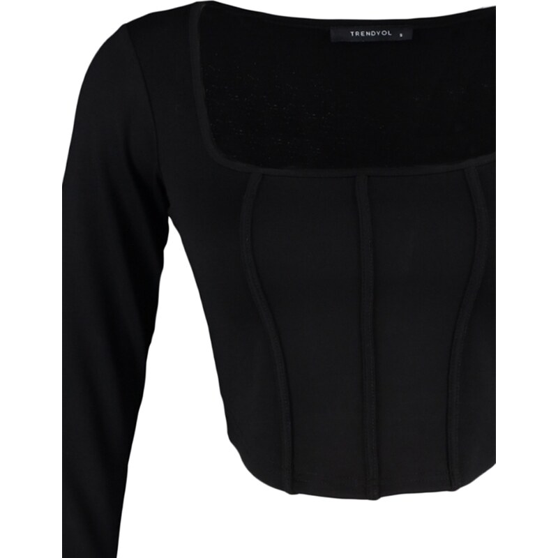 Trendyol Black Piping Detail Square Collar Fitted/Situated Crop Interlock Knit Blouse