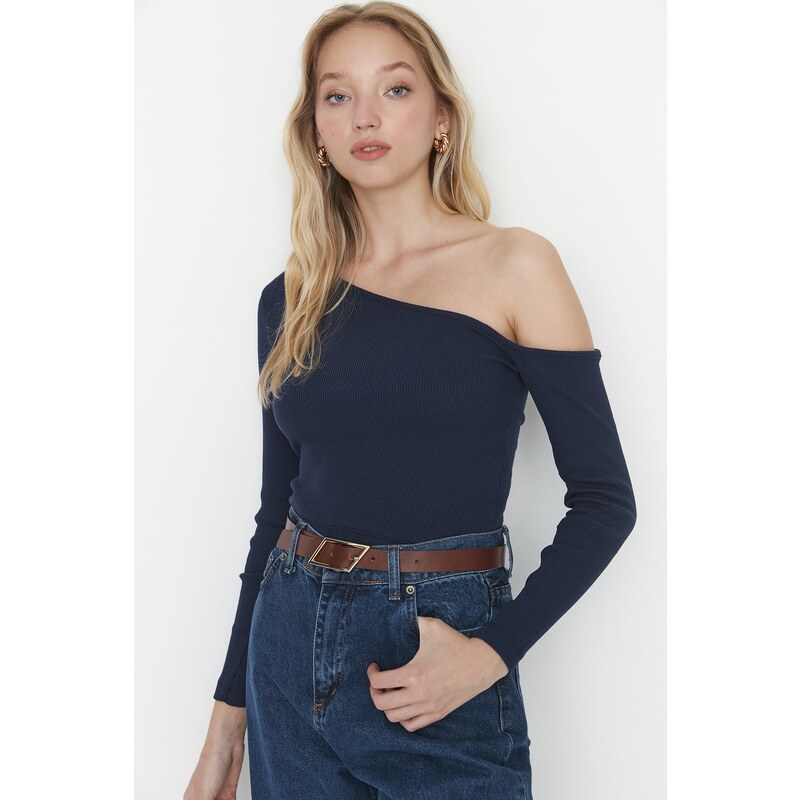 Trendyol Indigo Fitted Asymmetric Neck Open Shoulder Ribbed Flexible Knitted Blouse