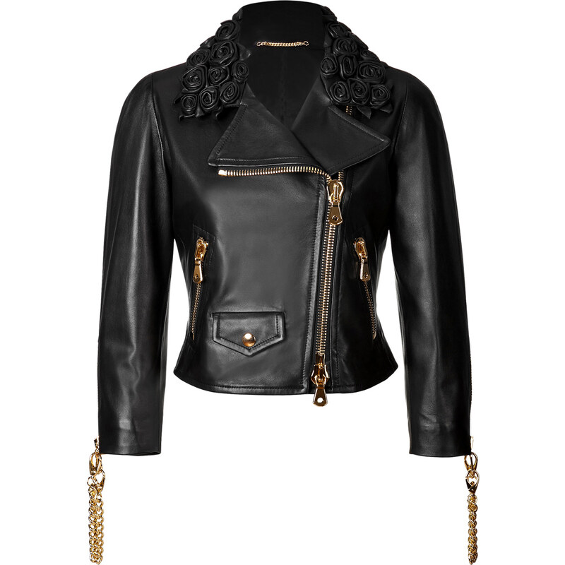 Moschino Leather Biker Jacket with Rose Collar and Chainlink Trim