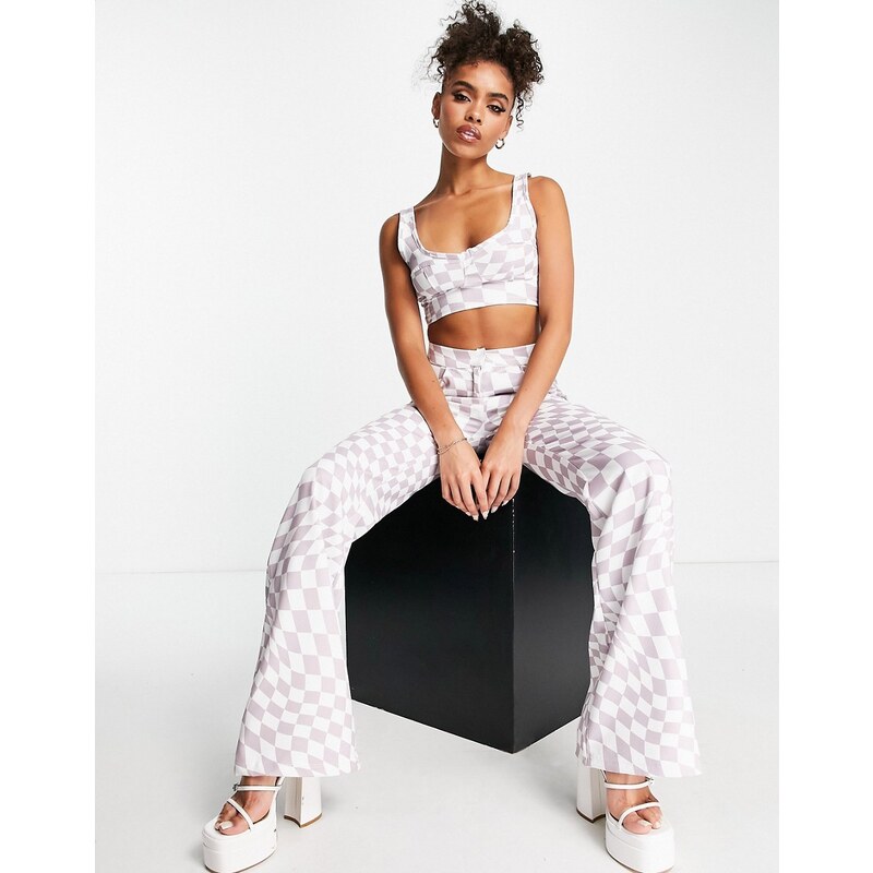 Rebellious Fashion crop top co-ord in lilac check-Purple