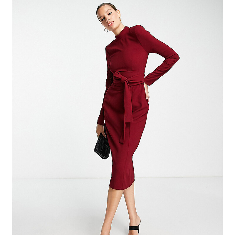 ASOS Tall ASOS DESIGN Tall long sleeve midi dress with obi belt in red 100035245
