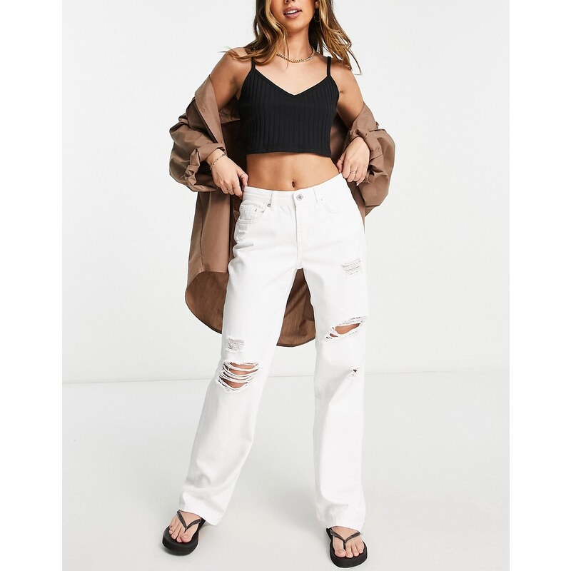 Only mid waist distressed baggy jeans in white 114725596