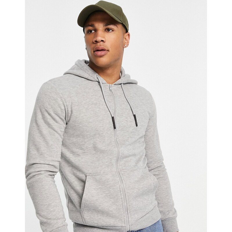 ONLY & SONS zip through hoodie in light grey