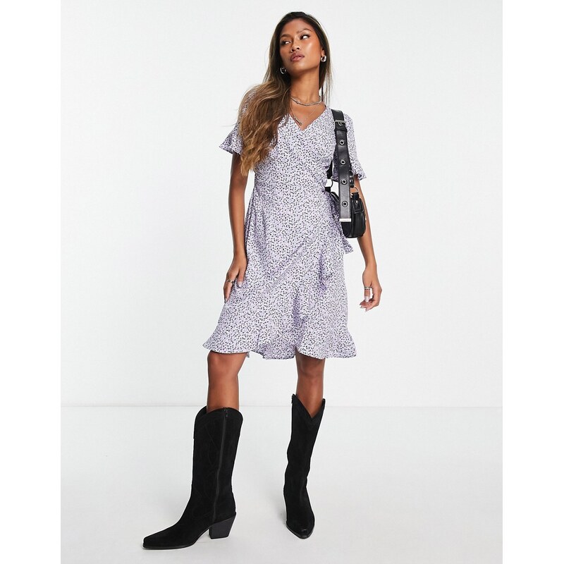 ONLY frill wrap mini dress in lilac ditsy floral-Purple 92749553