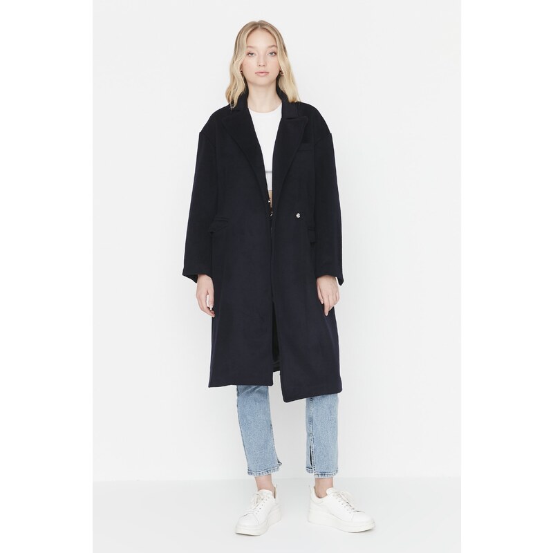 Trendyol Navy Blue široký střih oversized páskový prémiový vlněný kabát