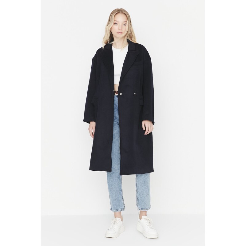 Trendyol Navy Blue široký střih oversized páskový prémiový vlněný kabát