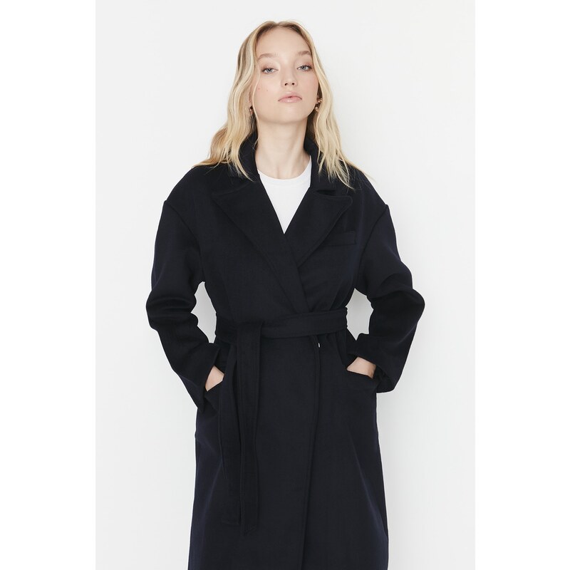 Trendyol Navy Blue široký střih oversized páskový prémiový vlněný kabát