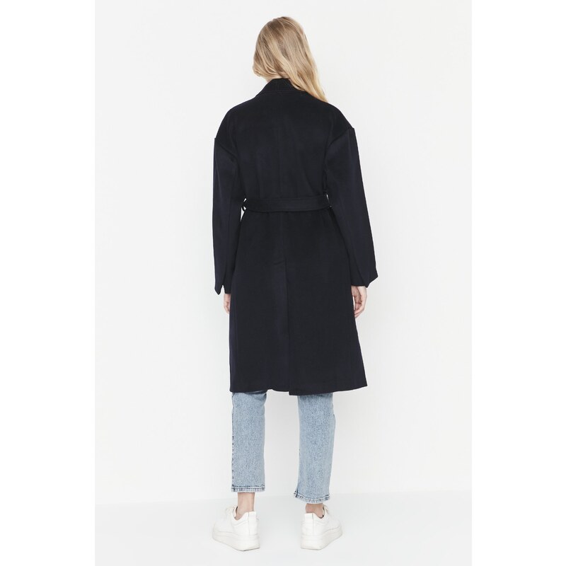 Trendyol Navy Blue široký střih oversized páskový prémiový vlněný kabát