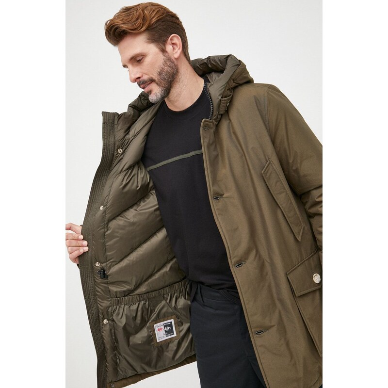 Péřová bunda Woolrich pánská, zelená barva, zimní, CFWOOU0483MRUT0001-ABR