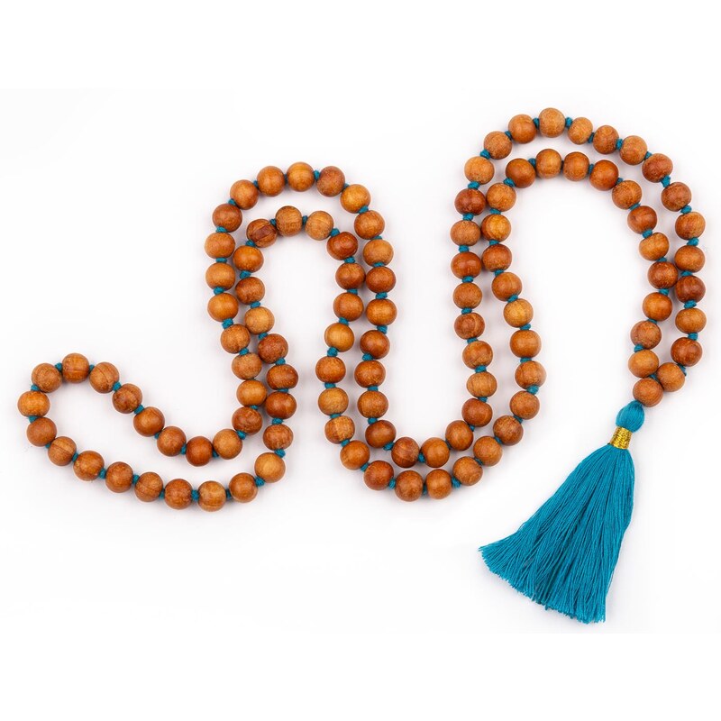 Bodhi Yoga Bodhi Mala náhrdelník s vůní santalového dřeva s barevným střapcem, 108 korálků