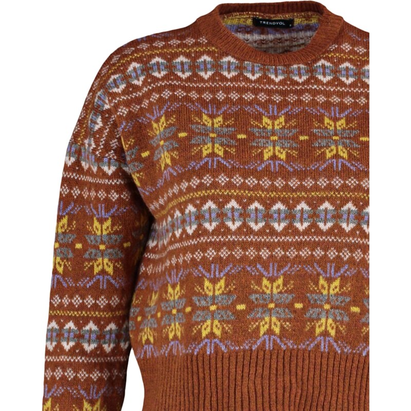 Trendyol hnědý široký střih s měkkou texturou vzorovaný pletený svetr