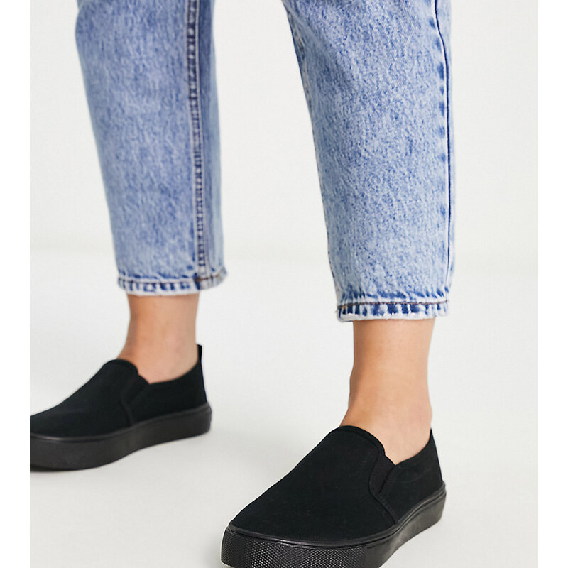 ASOS DESIGN Wide Fit Dotty slip on plimsolls in black 115509556