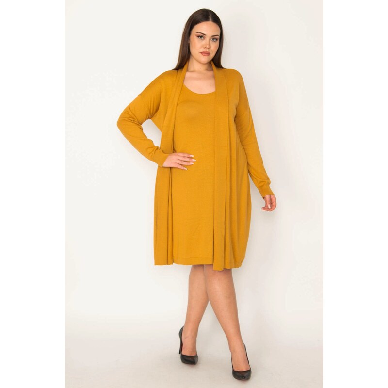 Şans Women's Plus Size Mustard Front Dress Cardigan