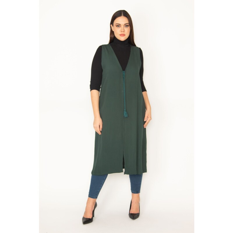 Şans Women's Plus Size Green Front Lace Up Detail Unlined Long Vest