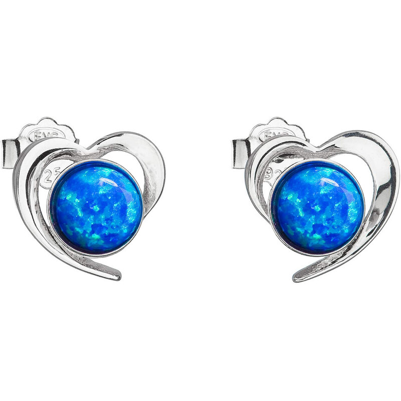 Stříbrné náušnice srdce s modrým syntetickým opálem 31259.3 blue
