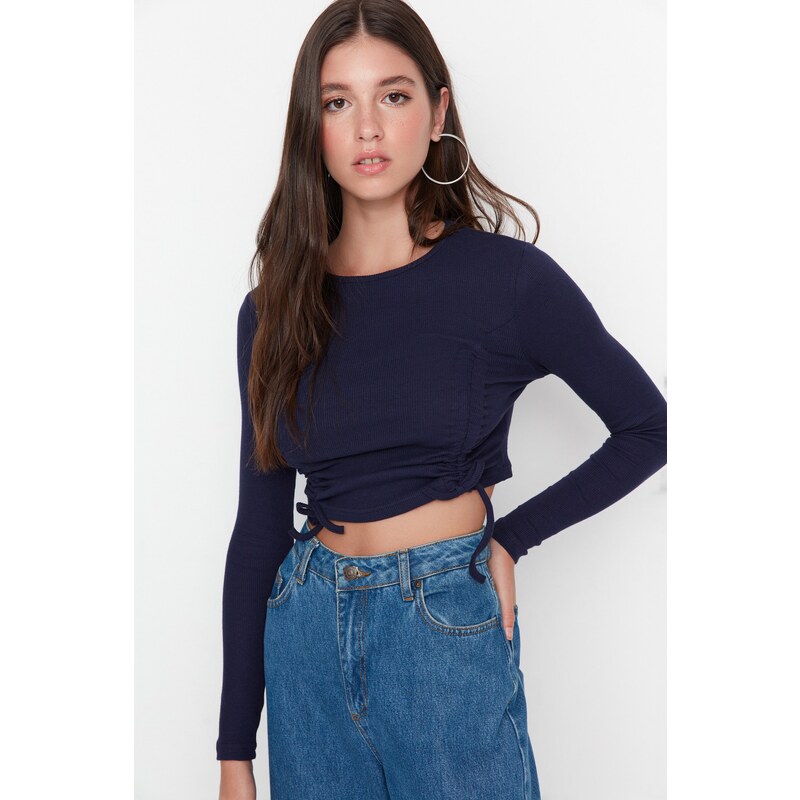 Trendyol Navy Blue Shirred Detailed Fitted Crop Crew Neck Ribbed Cotton Stretch Knit Blouse