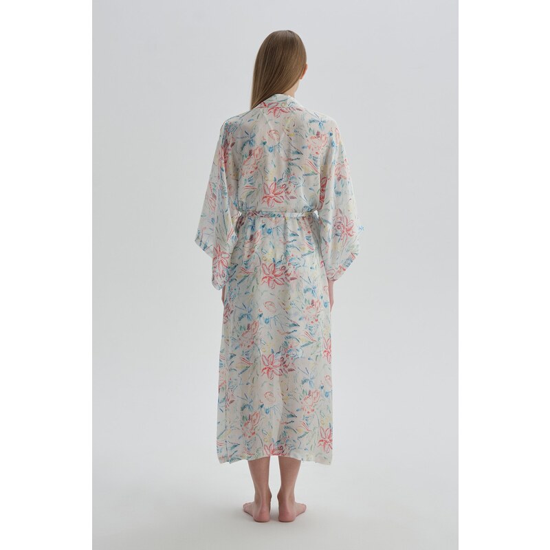 Dagi Ecru Patterned Three-Quarter Sleeve Woven Dressing Gown