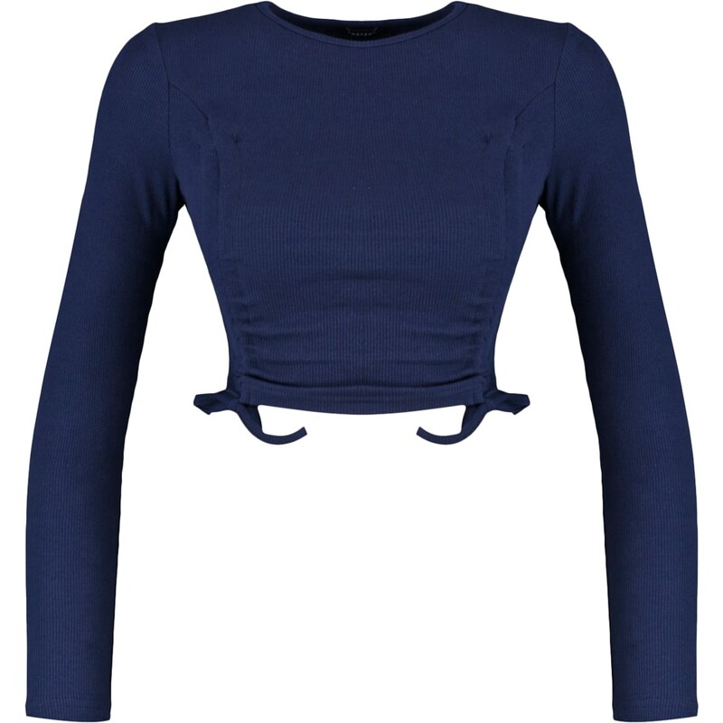 Trendyol Navy Blue Shirred Detailed Fitted Crop Crew Neck Ribbed Cotton Stretch Knit Blouse