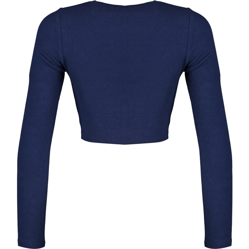 Trendyol Navy Blue Shirred Detailed Fitted Crop Crew Neck Ribbed Cotton Stretch Knit Blouse