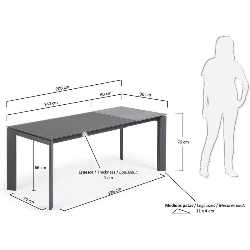 Tmavě šedý skleněný rozkládací jídelní stůl Kave Home Axis 140/200x90 cm