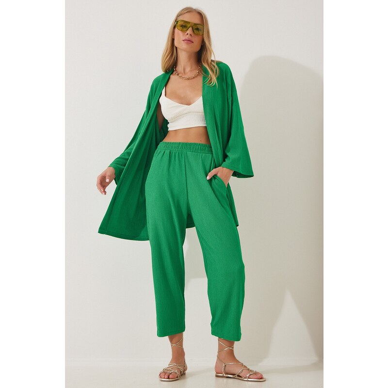 Happiness İstanbul Women's Green Kimono Pants Knit Set