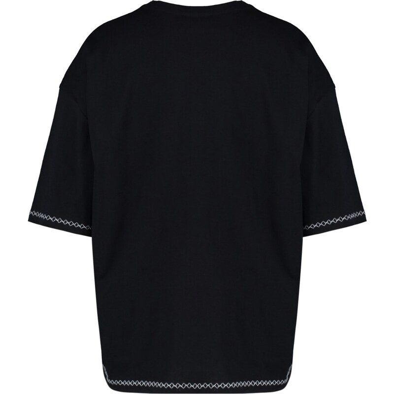 Trendyol Black Oversize/Wide Cut Crew Neck Short Sleeve Embroidered 100% Cotton T-Shirt