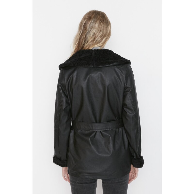 Trendyol Black Belted Plyšová kožešina Detail Kabát z umělé kůže