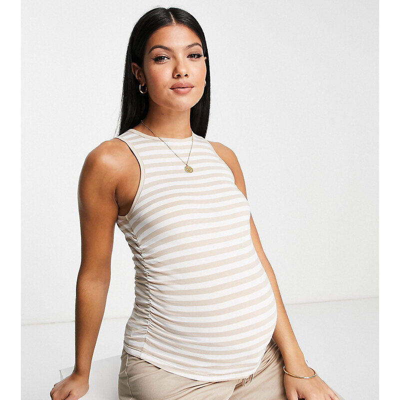 ASOS Maternity ASOS DESIGN Maternity ruched side tank in camel and white stripe-Multi