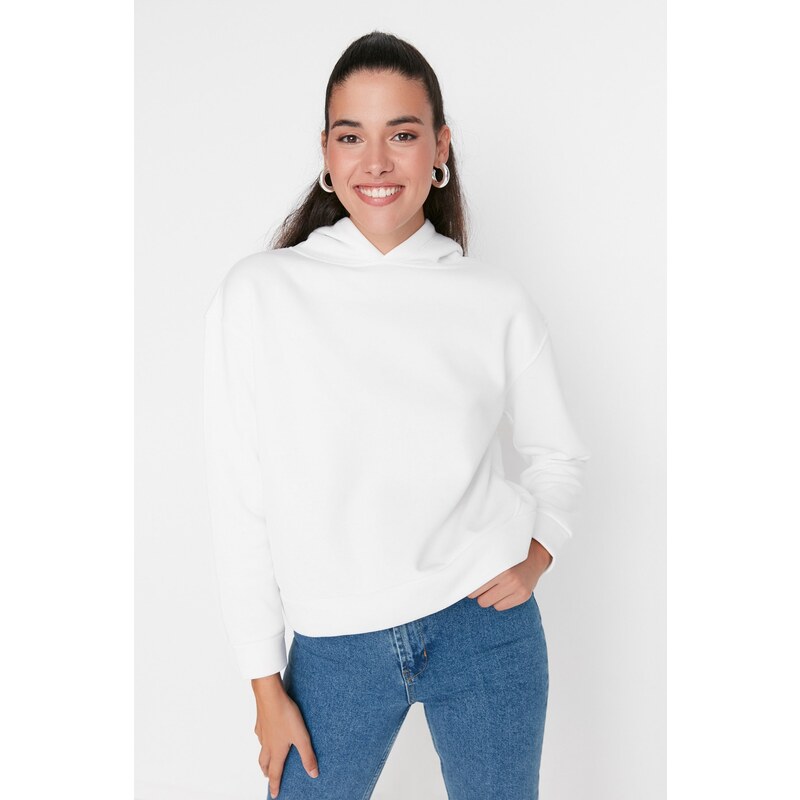 Trendyol White Basic Regular / Normal Fit Fleece Vnitřní pletená mikina s kapucí