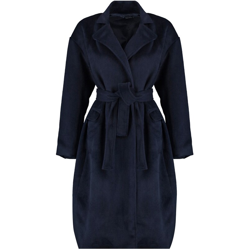 Trendyol Navy Blue široký střih oversized páskový prémiový vlněný kabát