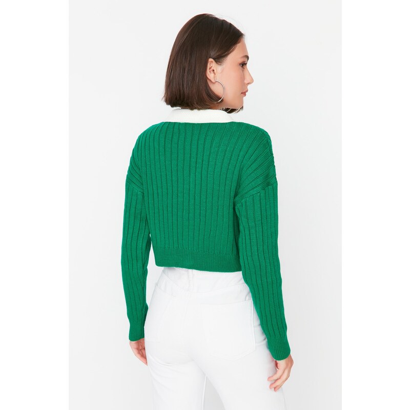 Trendyol zelený super crop žebrovaný pletený svetr