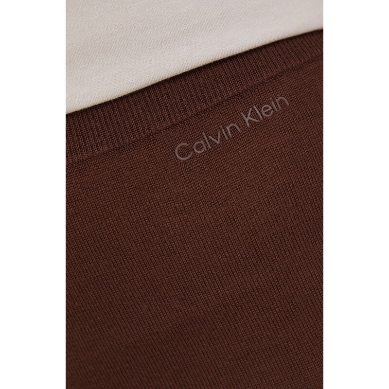 Vlněná sukně Calvin Klein hnědá barva, midi, pouzdrová