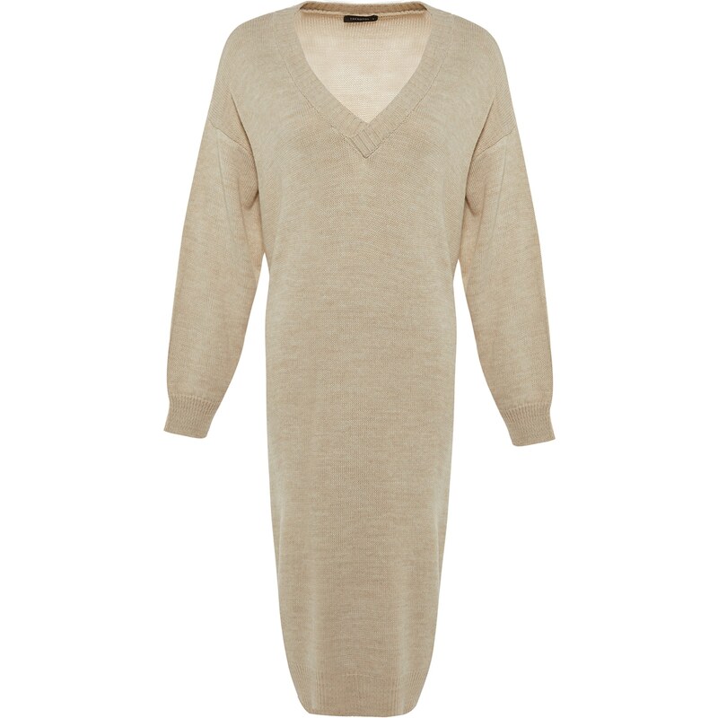 Trendyol Stone Maxi Knitwear V Neck Dress