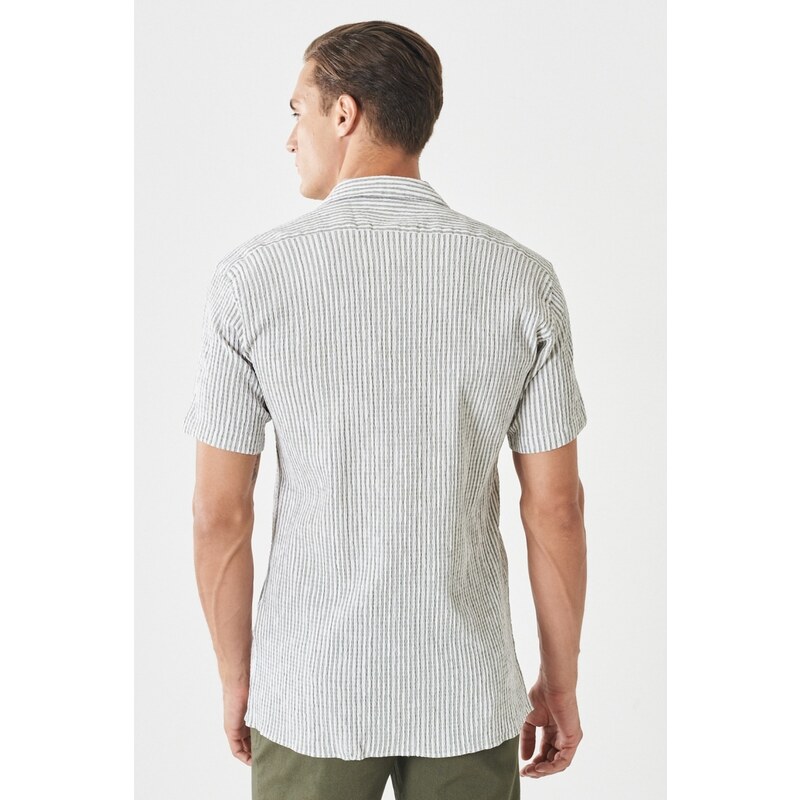 AC&Co / Altınyıldız Classics Men's White-khaki Comfort Fit Comfy Cut Monocollar See-through Striped Shirt.