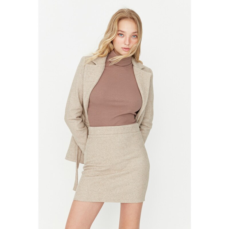 Trendyol Beige A-line Stamp Fabric Mini Woven Skirt