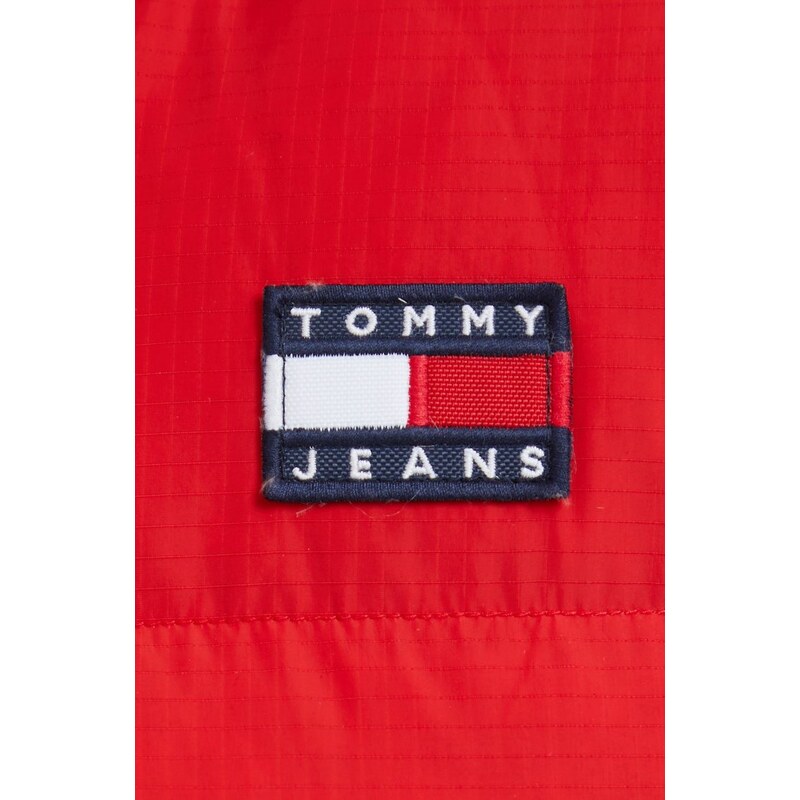 Péřová bunda Tommy Jeans dámská, červená barva,