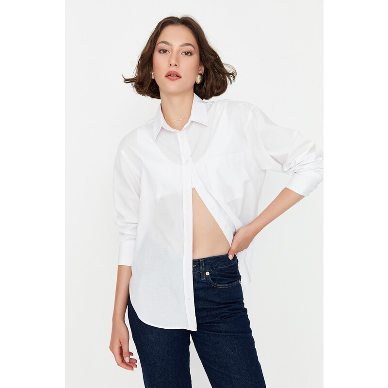 Trendyol White Boyfriend/Wide Fit Woven Shirt